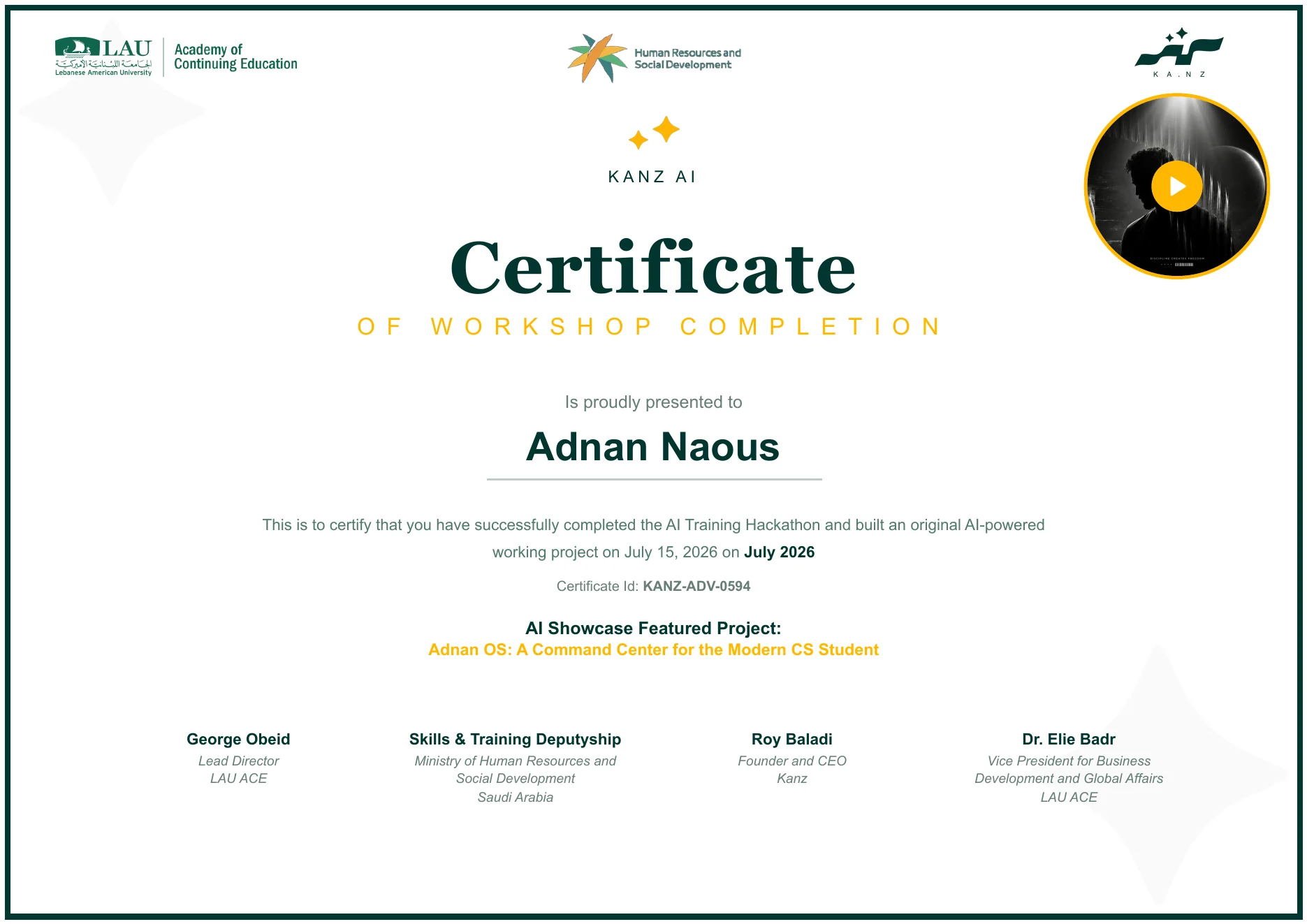 Preview of the Kanz AI Hackathon certificate of workshop completion issued to Adnan Naous.