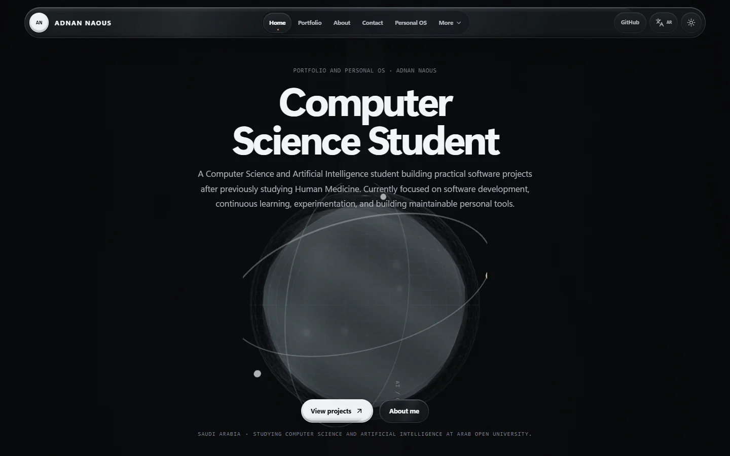 Current desktop homepage showing the production navigation, Computer Science Student identity, and optical AI Core.