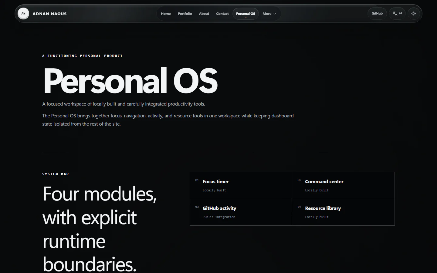 Current Personal OS route showing the system map, focus timer, and command center.
